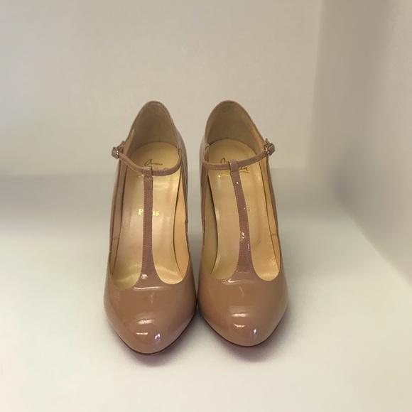 Christian Louboutin Nude Patent Leather T-Strap Heels - Picture 2 of 6